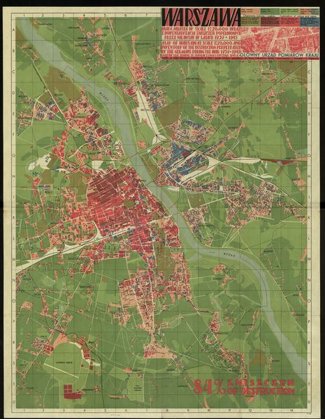 Powojenna mapa dokumentująca zniszczenia Warszawy (nazwy ulic na dzień 1 stycznia 1949 r.), oprac. L. Kowalski, F. Piątkowski na podstawie zdjęć lotniczych wykonanych w 1945 r. przez lotników sowieckich. Obszary zniszczonej zabudowy zostały oznaczone kolorem czerwonym (odcień jaśniejszy – skutek podpaleń, ciemniejszy – minowania i bombardowania), zabudowy ocalałej – niebieskim. Z zasobu Biblioteki Narodowej