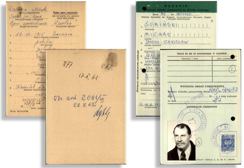 Karta z kartoteki ogólnoinformacyjnej Stołecznego Urzędu Spraw Wewnętrznych dotycząca SOS krypt. „Zoolog” oraz podanie o wydanie wkładki paszportowej do dowodu osobistego złożone przez Michała Sumińskiego. Z zasobu AIPN
