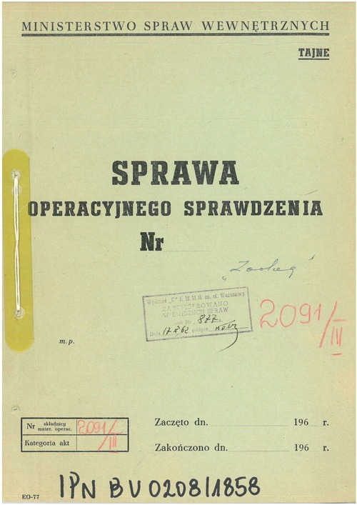 Strona tytułowa sprawy operacyjnego sprawdzenia kryptonim „Zoolog”. Z zasobu AIPN
