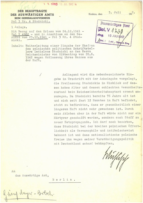 Pismo Pełnomocnika do Spraw Zagranicznych przy Rządzie GG z 3 lipca 1942 roku w sprawie przekazania sprawy Władysława Studnickiego do Ministerstwa Spraw Zagranicznych Rzeszy
