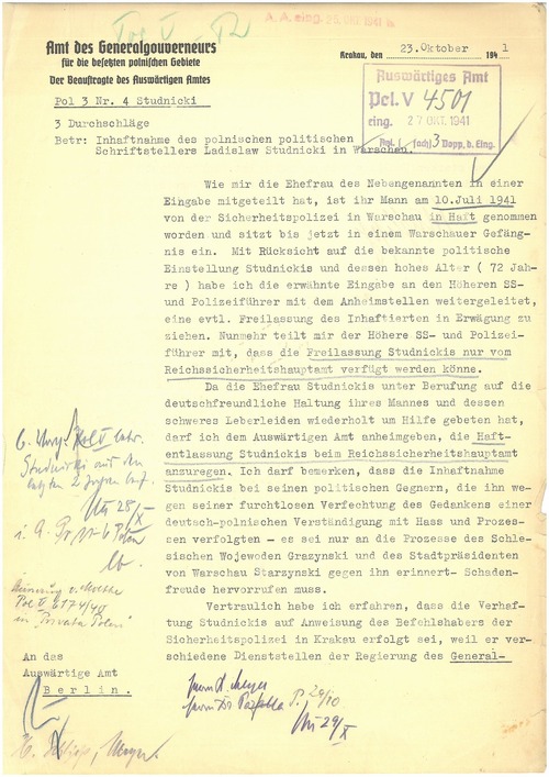 Pismo Pełnomocnika do Spraw Zagranicznych przy Rządzie GG z 23 X 1941 r. w sprawie uwięzienia Władysława Studnickiego (z zasobu IPN)