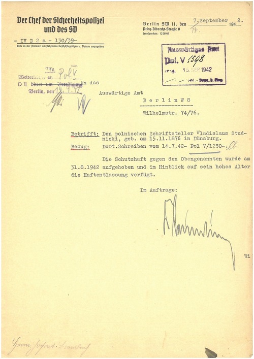 Pismo Szefa Policji Bezpieczeństwa i SD w Berlinie z 7 IX 1942 r. w sprawie zwolnienia Władysława Studnickiego z więzienia (z zasobu IPN)