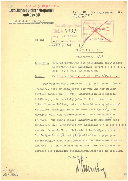 Pismo Szefa Policji Bezpieczeństwa i SD w Berlinie z 17 grudnia 1941 roku w sprawie odmowy zwolnienia Władysława Studnickiego (z zasobu IPN)