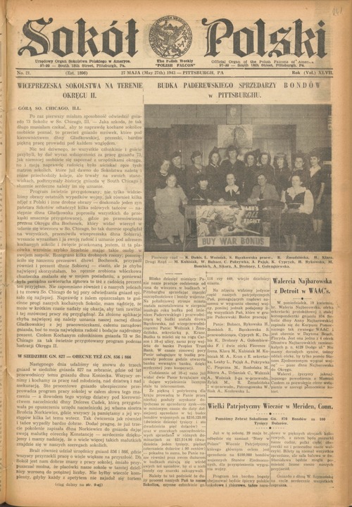 Artykuł z czasopisma „Sokół Polski” dotyczący akcji sprzedaży obligacji wojennych w Pittsburghu, 27 maja 1943 r. Z zasobu AIPN