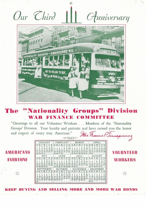 Ulotka promocyjna grup narodowościowych zachęcająca do zakupu obligacji wojennych Stanów Zjednoczonych, 1945 r. Z zasobu AIPN