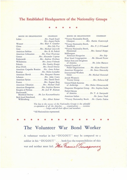 Broszura z informacjami dotyczącymi kiosków grup narodowościowych prowadzących sprzedaż obligacji wojennych w Pittsburghu, lata II wojny światowej. Z zasobu AIPN
