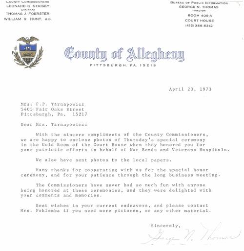 Pismo hrabstwa Allegheny w stanie Pensylwania dotyczące uroczystości uhonorowania Marii Tarnapowicz, 23 kwietnia 1973 r. Z zasobu AIPN