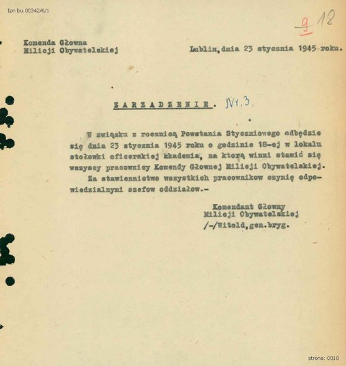 Zarządzenie nr 3 z dnia 23 stycznia 1945 r. Komendanta Głównego MO dotyczące akademii z okazji rocznicy wybuchu Powstania Styczniowego. Z zasobu AIPN