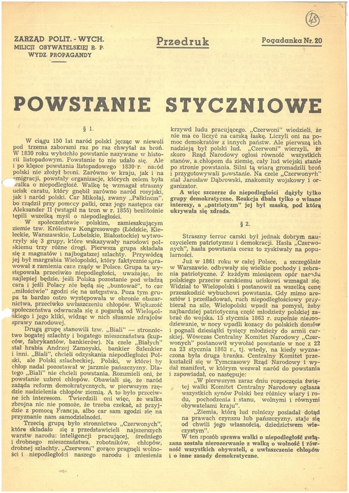 Pierwsza strona tekstu-pogadanki Zarządu Polityczno-Wychowawczego MO pt. „Powstanie Styczniowe” z lutego 1946 r. Z zasobu AIPN