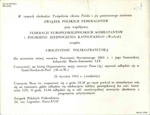 Zaproszenie polskich organizacji emigracyjnych we Francji na obchody 100. rocznicy wybuchu Powstania Styczniowego w dniu 20 stycznia 1963 r. w Saint-Nicolas de Port. Z zasobu AIPN