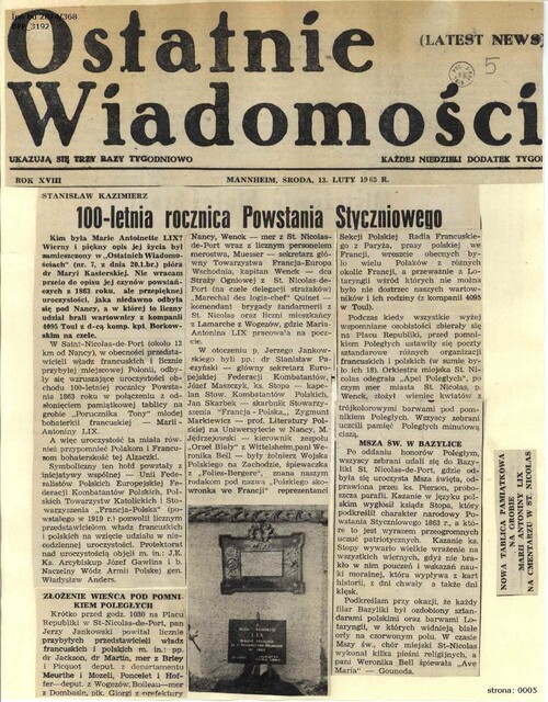 Wycinek prasowy dotyczący 100. rocznicy wybuchu Powstania Styczniowego we Francji z polskiej prasy emigracyjnej. Z zasobu AIPN