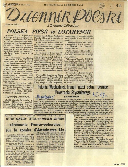 Wycinki prasowe dotyczące 100. rocznicy wybuchu Powstania Styczniowego we Francji z polskiej prasy emigracyjnej i prasy francuskiej. Z zasobu AIPN