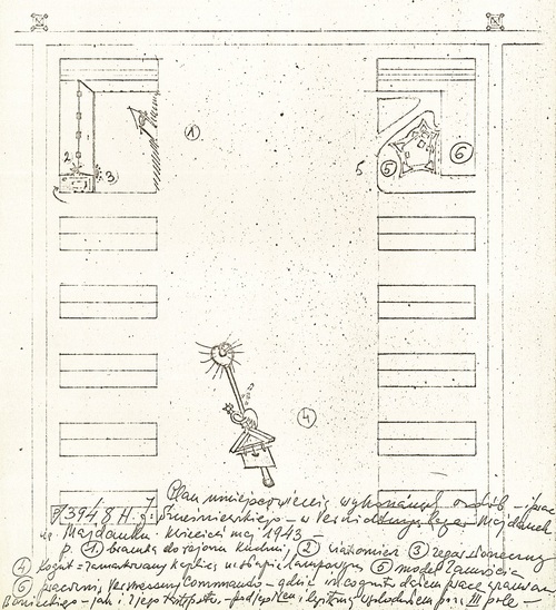 Szkic Henryka Jerzego Szcześniewskiego wykonany po wojnie – plan prac na polu III, Majdanek, kwiecień–maj 1943 r.; nr 4 kogut – to zamaskowana kaplica na gongu obozowym, nr 5 – model Zamościa. Fot. ze zbiorów Krzysztofa Szcześniewskiego we Francji