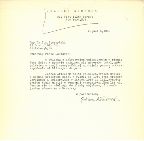 Pismo Juliusza Kanarka dotyczące zgłoszenia się do składającej się z Polaków specjalnej jednostki w Armii USA, 5 sierpnia 1942 r. Z zasobu AIPN