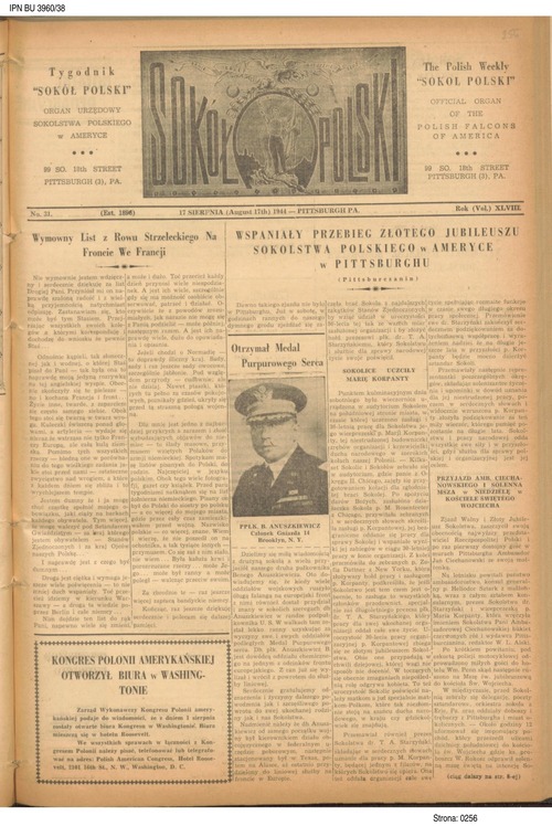 Artykuł z czasopisma „Sokół Polski” o odznaczeniu Sokoła, Benny’ego Anuszkiewicza, Medalem Purpurowego Serca, 17 sierpnia 1944 r. Z zasobu AIPN