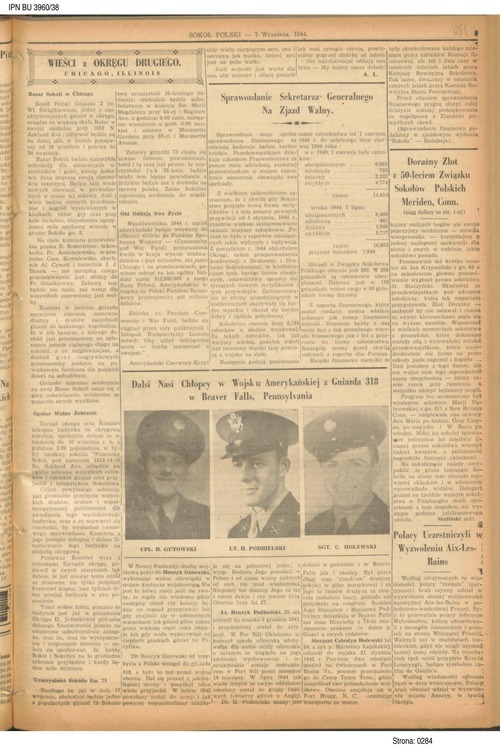 Artykuł z czasopisma „Sokół Polski” o służbie w Armii USA trzech członków Sokolstwa Polskiego w Ameryce z gniazda nr 318 w Beaver Falls w stanie Pensylwania, 7 września 1944 r. Z zasobu AIPN