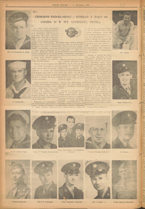 Artykuł z czasopisma „Sokół Polski” dotyczący zakończenia służby wojskowej przez członków Sokolstwa Polskiego w Ameryce z gniazda nr 41 w New Kensington w stanie Pensylwania, 11 kwietnia 1946 r. Z zasobu AIPN