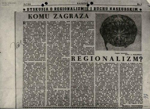 Zakwestionowany przez cenzurę artykuł I. Trojanowskiej pod tytułem Komu zagraża regionalizm? przeznaczony dla dwutygodnika Kaszëbë