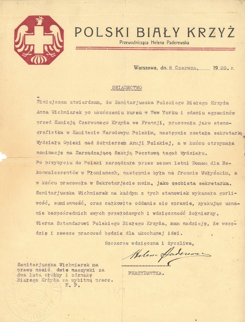 Pismo Heleny Paderewskiej z 8 czerwca 1920 r. dotyczące sanitariuszki Polskiego Białego Krzyża Anny Wichniarek. Dokument pochodzi ze zbiorów Sokolstwa Polskiego w Ameryce przekazanych do Archiwum IPN w 2019 r.