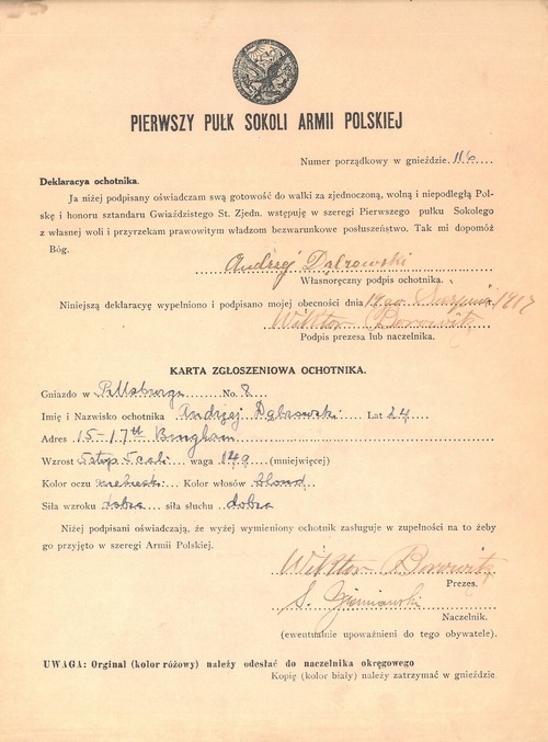 Deklaracja ochotnika do Pułku Sokolego Armii Polskiej we Francji, 1917 roku