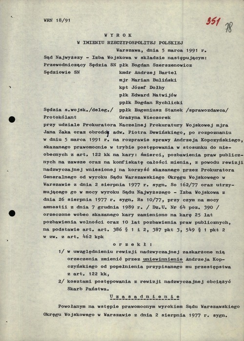 Wyrok Sądu Najwyższego z 5 marca 1991 r. uniewinniający Andrzeja Kopczyńskiego (z zasobu IPN)