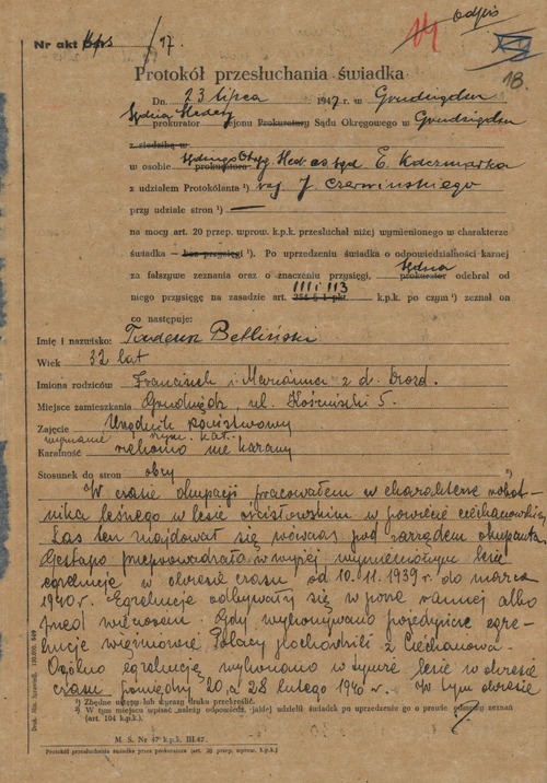 Protokół przesłuchania Tadeusza Betlińskiego, świadka egzekucji w lasach ościsłowskich, przez sędziego śledczego Sądu Okręgowego w Grudziądzu, 23 lipca 1947 roku