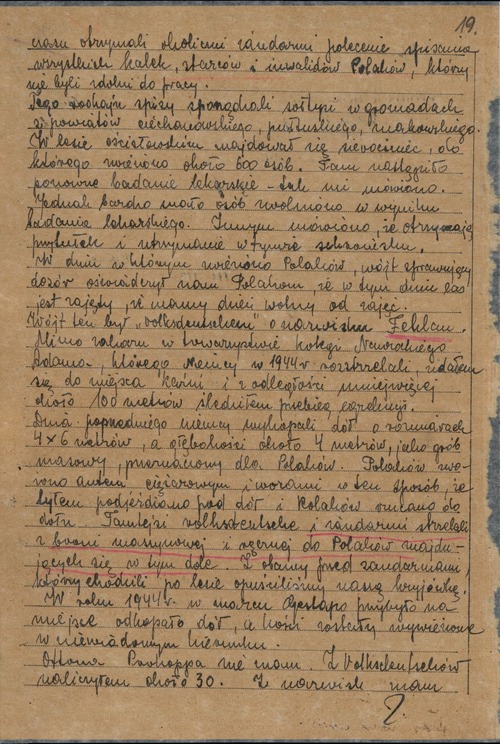 Protokół przesłuchania Tadeusza Betlińskiego, świadka egzekucji w lasach ościsłowskich, przez sędziego śledczego Sądu Okręgowego w Grudziądzu, 23 lipca 1947 roku