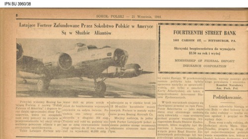 Artykuł z pisma „Sokół Polski” z fotografią Boeinga B-17 zakupionego ze środków finansowych członków Sokolstwa Polskiego w Ameryce, 21 września 1944 r. (z zasobu AIPN)