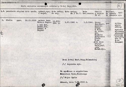 Wniosek awansowy mjr. „Łupaszki”, dotyczący awansu ppor. „Stefana” do stopnia porucznika, wiosna 1946 r. Z zasobu AIPN