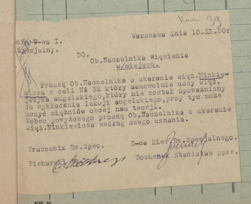 Wniosek do naczelnika więzienia Warszawa-Mokotów (przy ul. Rakowieckiej) o ukaranie więźnia Lucjana Minkiewicza (z celi nr 32) za uczenie współwięźniów języka angielskiego, 10 listopada 1950 r. (z zasobu AIPN)