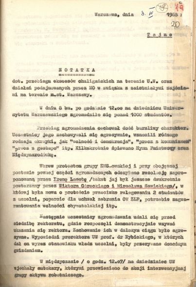 Notatka dotycząca wydarzeń na dziedzińcu Uniwersytetu Warszawskiego oraz zajść ulicznych w dniu 8 marca1968 roku