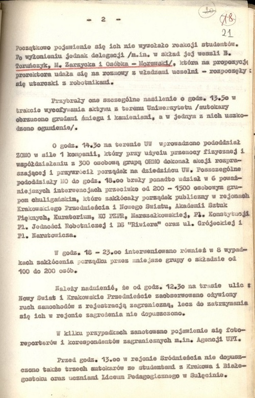 Notatka dotycząca wydarzeń na dziedzińcu Uniwersytetu Warszawskiego oraz zajść ulicznych w dniu 8 marca1968 roku