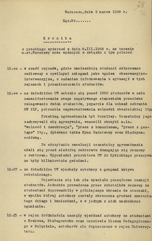 Fragment kroniki wydarzeń w dniu 8 marca 1968 roku opracowanej w Komendzie MO miasta stołecznego Warszawy