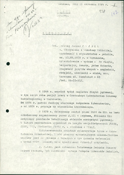 Informacja dotycząca Andrzeja Janusza Zajdla opracowana przez Wydział IV Departamentu Trzeciego MSW. Warszawa, 21 stycznia 1984 roku