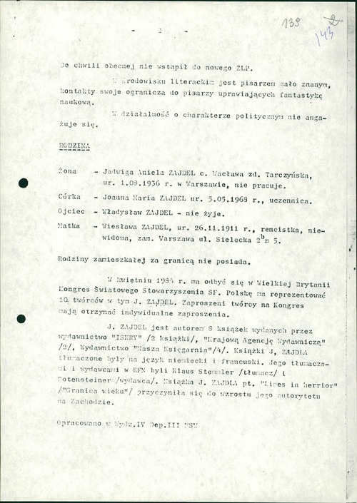 Informacja dotycząca Andrzeja Janusza Zajdla opracowana przez Wydział IV Departamentu Trzeciego MSW. Warszawa, 21 stycznia 1984 roku