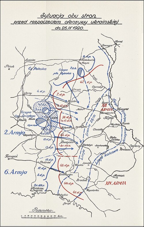 Mapa przedstawiająca sytuację na froncie przed rozpoczęciem ofensywy ukraińskiej podczas wojny polsko-bolszewickiej (Gen. Tadeusz Kutrzeba, Wyprawa kijowska 1920 roku, Warszawa 1937)