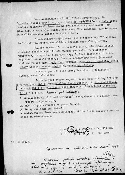 Fragment notatki pracownika Departamentu VII MBP dokumentującej próby uniemożliwienia Stanisławowi Lorentzowi udziału w polskiej delegacji na Konferencji Generalnej UNESCO w Montevideo. Warszawa, 13 października 1954 r. (z zasobu IPN)