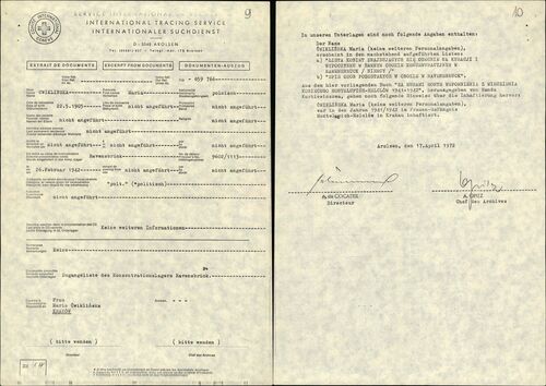 Zaświadczenie Międzynarodowej Służby Poszukiwawczej w Bad Arolsen dotyczące uwięzienia w FKL Ravensbrück Marii Ćwiklińskiej