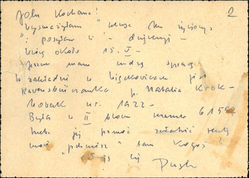 Notatka dr Wandy Półtawskiej z prośbą o udzielenie pomocy Ravensbrüczance, Natalii Krok