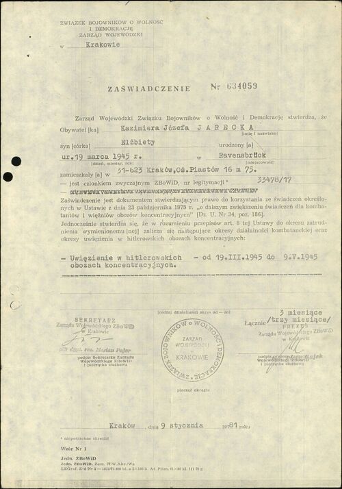 Zaświadczenie ZBoWiD dotyczące działalności kombatanckiej Kazimiery Jareckiej