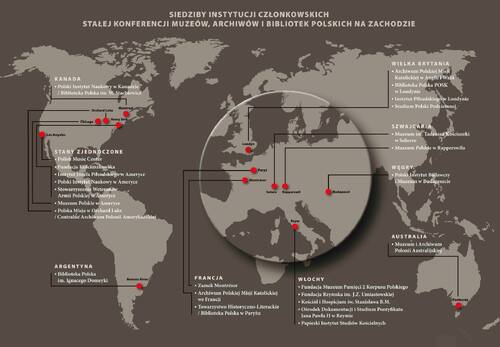Mapa przedstawiająca lokalizację instytucji członkowskich Stałej Konferencji Muzeów, Archiwów i Bibliotek Polskich na Zachodzie. Plansza wystawy „Polonica emigracyjne…” z 2019 r.