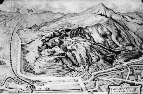 Monte Cassino – teren walk, rycina autorstwa Stanisława Gliwy, zamieszczona w pierwszym wydaniu książki Melchiora Wańkowicza <i>Bitwa o Monte Cassino</i>. Fot. AIPN