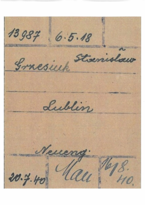 Karta obozowa Stanisława Grzesiuka, pochodząca z zespołu: Zbiór „Ob” (akt obozowych i więziennych) zawierający fragmenty akt niemieckich wytworzonych przez kancelarie obozów i więzień lub urzędy związane z ich działalnością