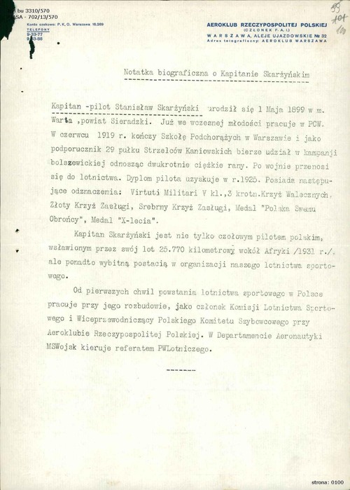 Notatka biograficzna kpt. Skarżyńskiego przygotowana przez Aeroklub Rzeczypospolitej Polskiej (z zasobu AIPN)