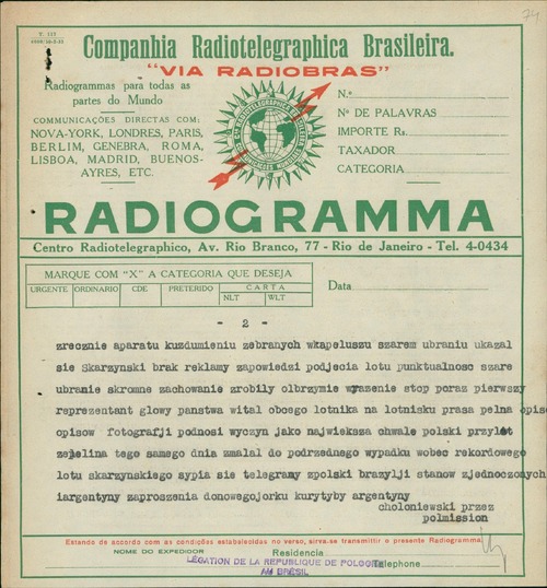 Radiotelegram do Ilustrowanego Kuriera Codziennego dotyczący przebiegu lotu i powitania kpt. Skarżyńskiego w Brazylii (z zasobu AIPN)