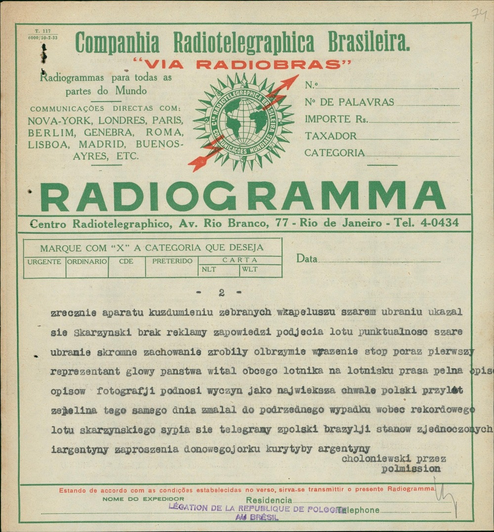 Radiotelegram do Ilustrowanego Kuriera Codziennego dotyczący przebiegu lotu i powitania kpt. Skarżyńskiego w Brazylii (z zasobu AIPN)
