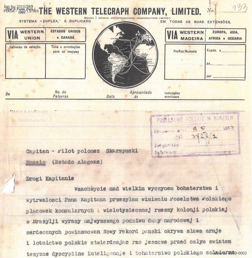Telegram polskiego posła w Brazylii Tadeusza Grabowskiego do kapitana Skarżyńskiego (z zasobu AIPN)
