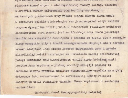 Telegram polskiego posła w Brazylii Tadeusza Grabowskiego do kapitana Skarżyńskiego  (z zasobu AIPN)