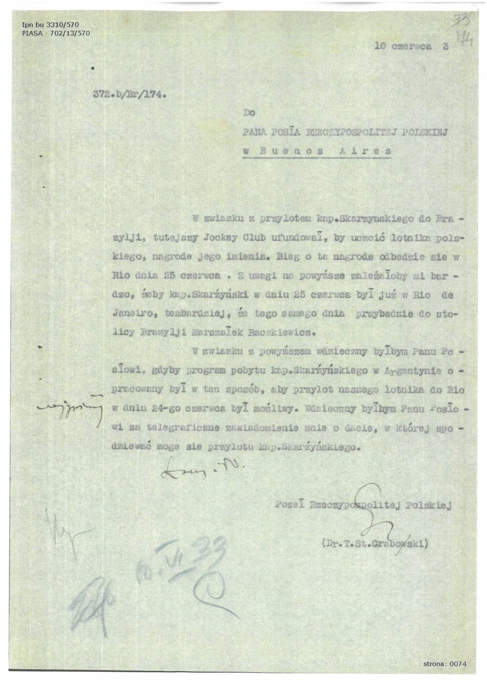 Pismo polskiego posła w Brazylii Tadeusza Grabowskiego do jego odpowiednika w Argentynie dotyczące pobytu kpt. Skarżyńskiego w obu krajach (z zasobu AIPN)