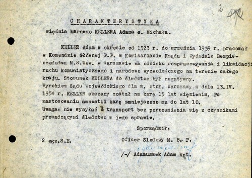 Charakterystyka „więźnia karnego KELLERA Adama s. Michała” sporządzona przez oficera śledczego MBP kpt. Adama Adamuszka (z zasobu AIPN)